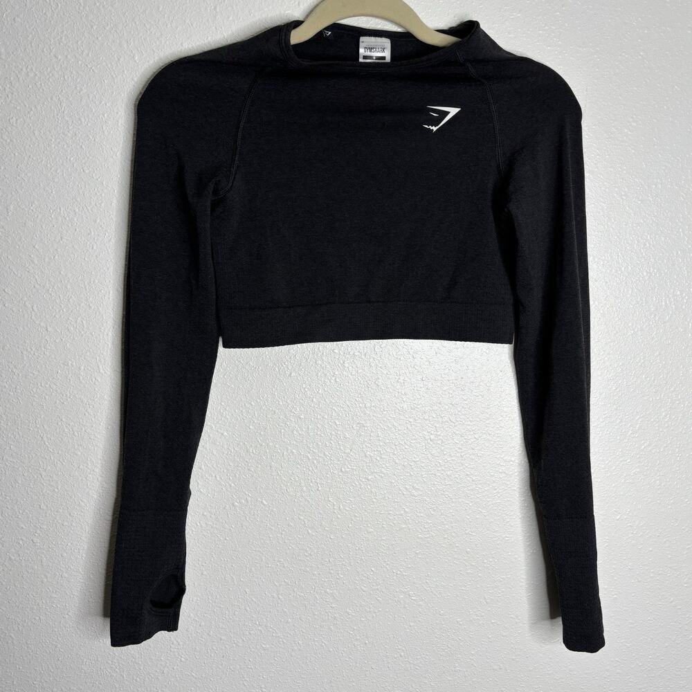 Gymshark Vital Seamless 2.0‎ Long Sleeve Crop Top Sz S Black Marl Athleisure Gym
